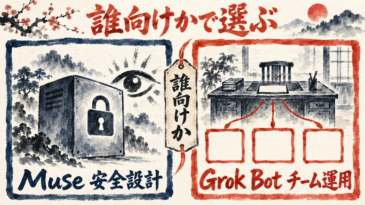 左にMuseの安全設計、右にGrok Botのチーム運用を置き、真ん中に誰向けかと書いた対比の図