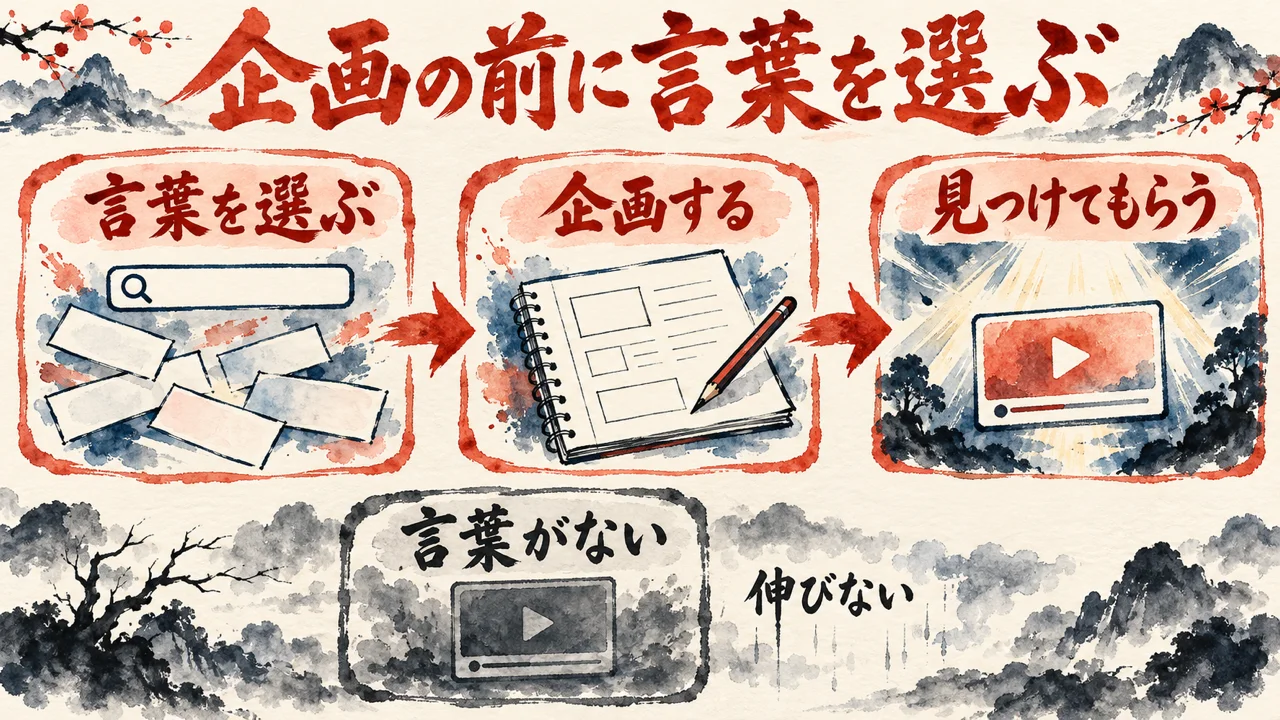 言葉を選ぶ、企画する、見つけてもらう、の三つの札が矢印でつながり、下に言葉がない動画は伸びない、と示す図解