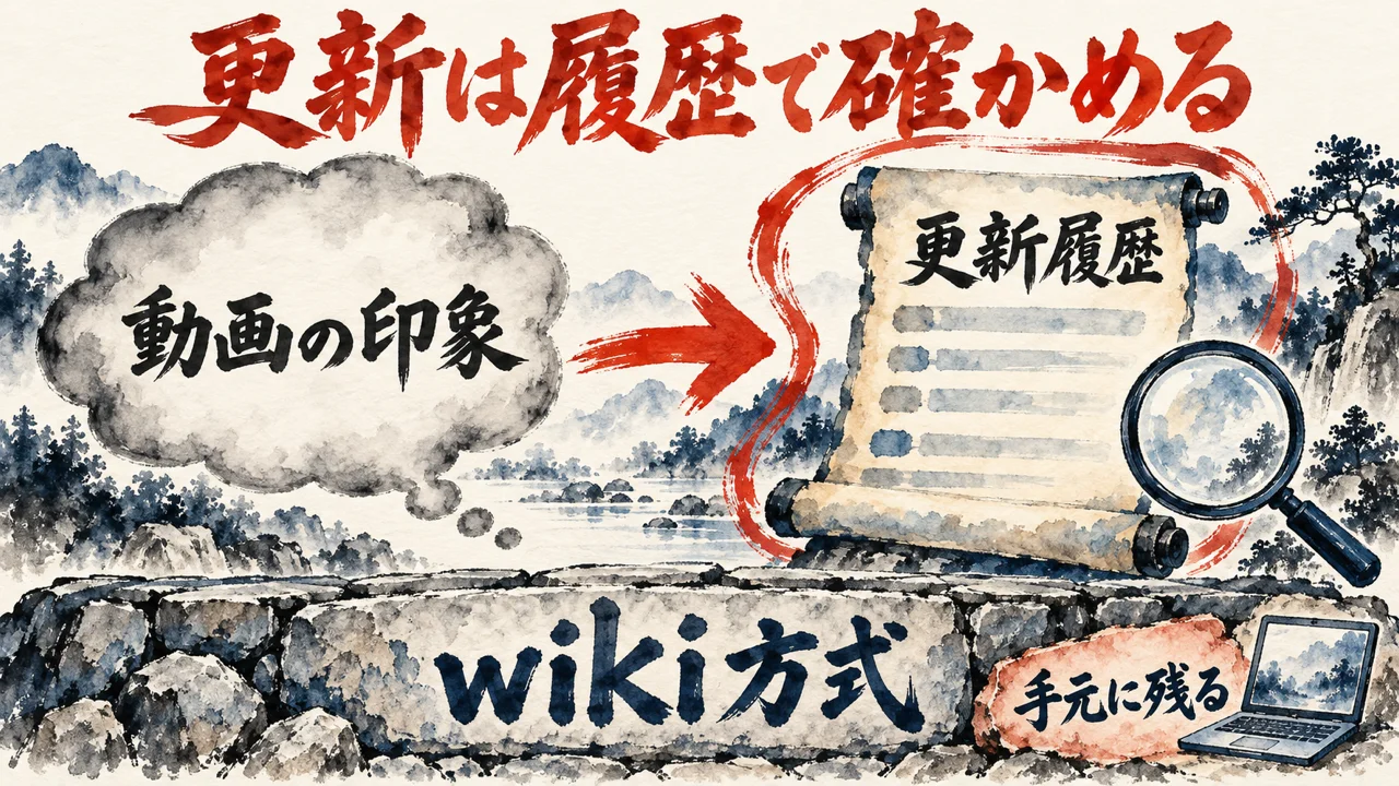 動画の印象より、巻物の更新履歴を虫眼鏡で確かめることを、wiki方式の土台の上に示した図解