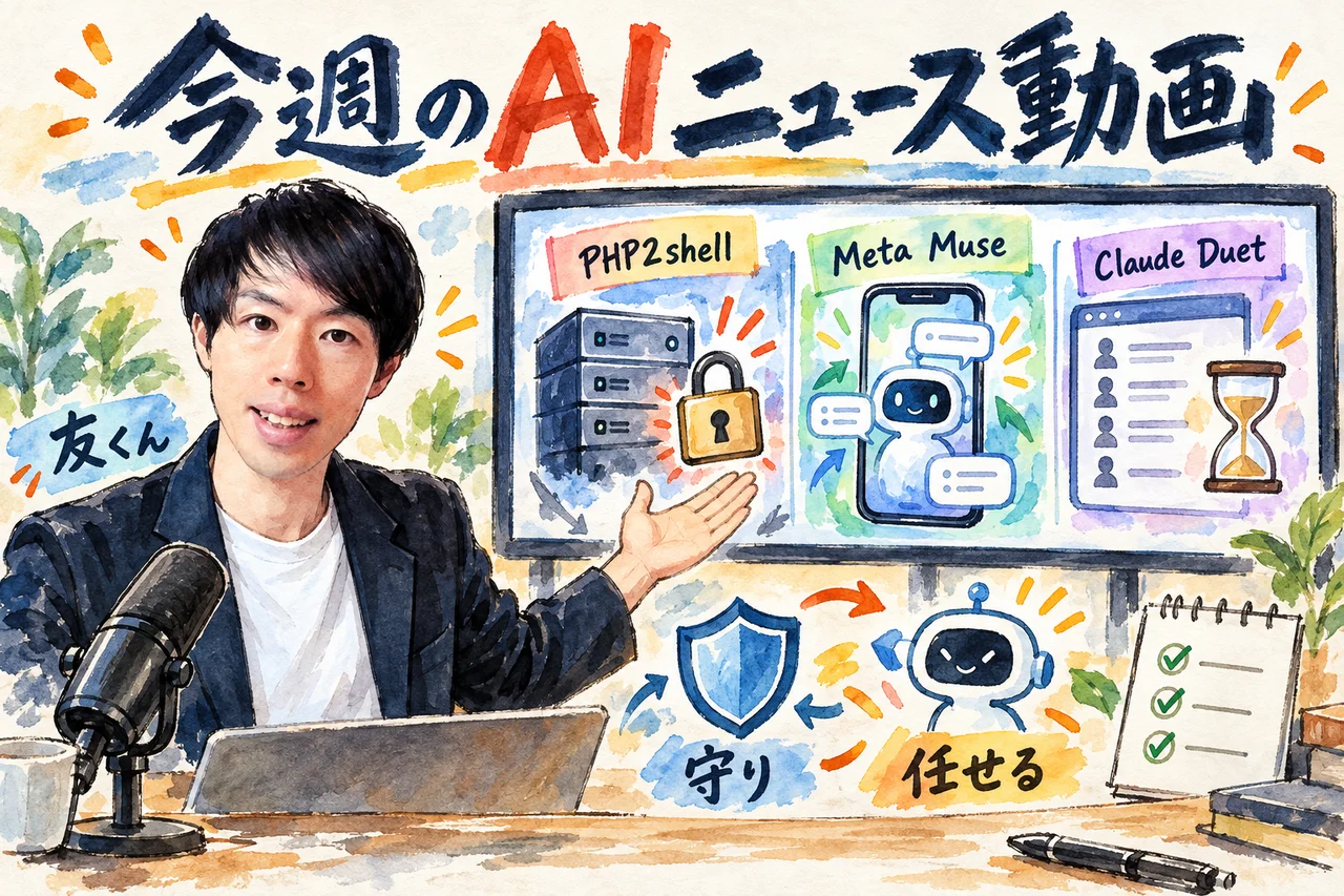 今週のAIニュース動画｜PHPの脆弱性、Meta Muse、Claude Duetの1週間を友くんが解説する場面の図