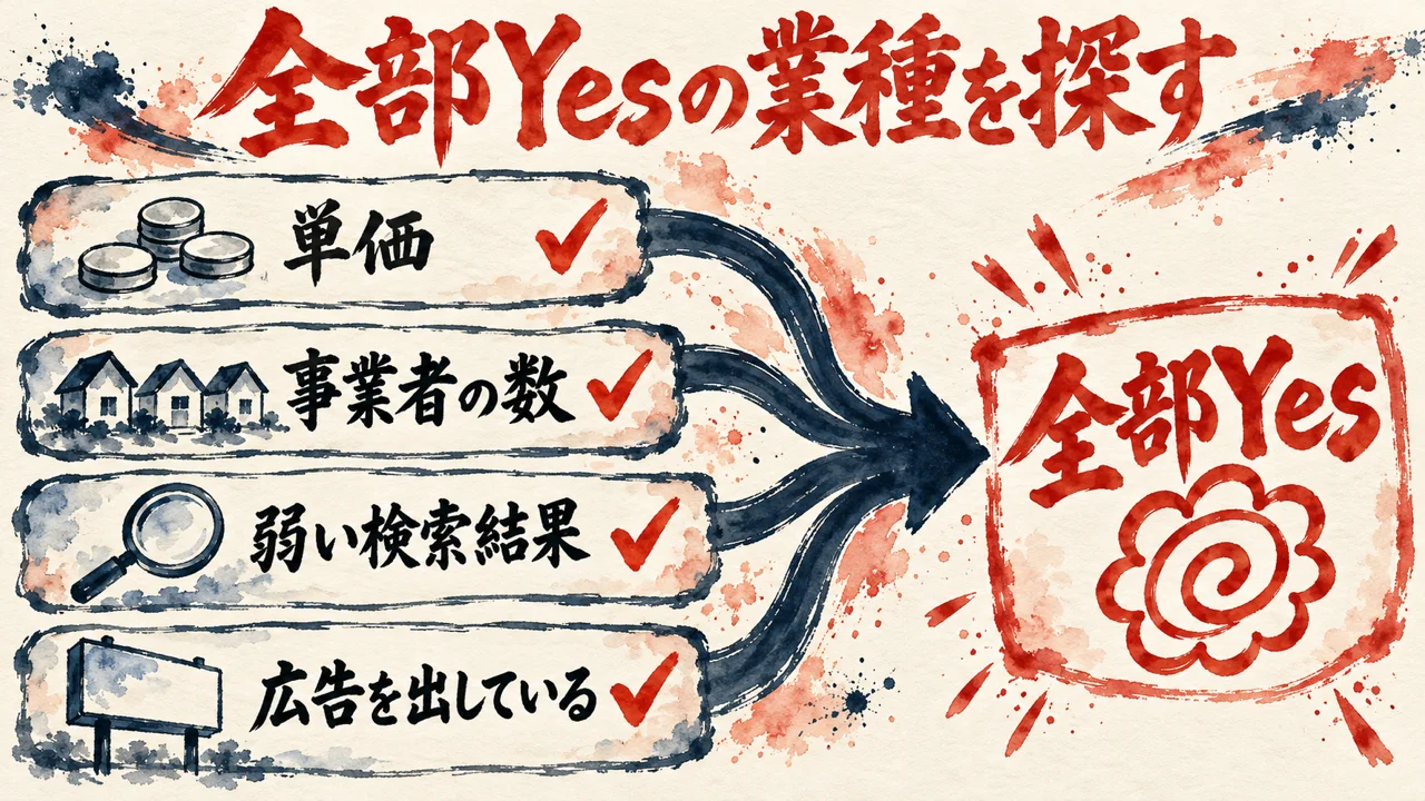 単価、事業者の数、弱い検索結果、広告を出している事業者の四枚の札が、全部Yesの大きな札へまとまる図解