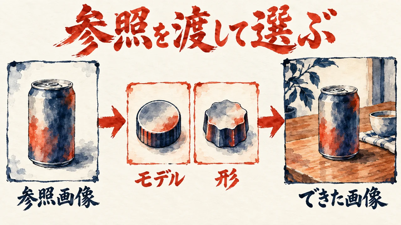 参照画像の札から、モデルと形を選ぶ二つのつまみを通り、できた画像の札へ進む図解