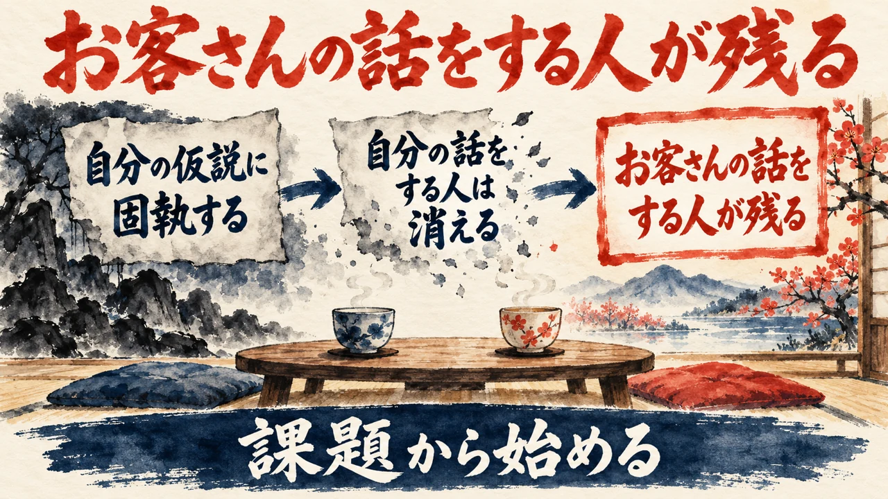 図解。自分の仮説に固執する、自分の話をする人は消える、お客さんの話をする人が残る、の三つの札に、向き合う二人の水彩画が描かれ、下の帯に課題から始めるの文字。見出しはお客さんの話をする人が残る