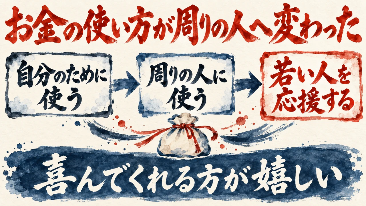 図解。自分のために使う、周りの人に使う、若い人を応援する、の三つの札に、手渡される小さな袋の水彩画が描かれ、下の帯にお金の使い方が変わるの文字。見出しはお金の使い方は自分から周りの人へ変わった