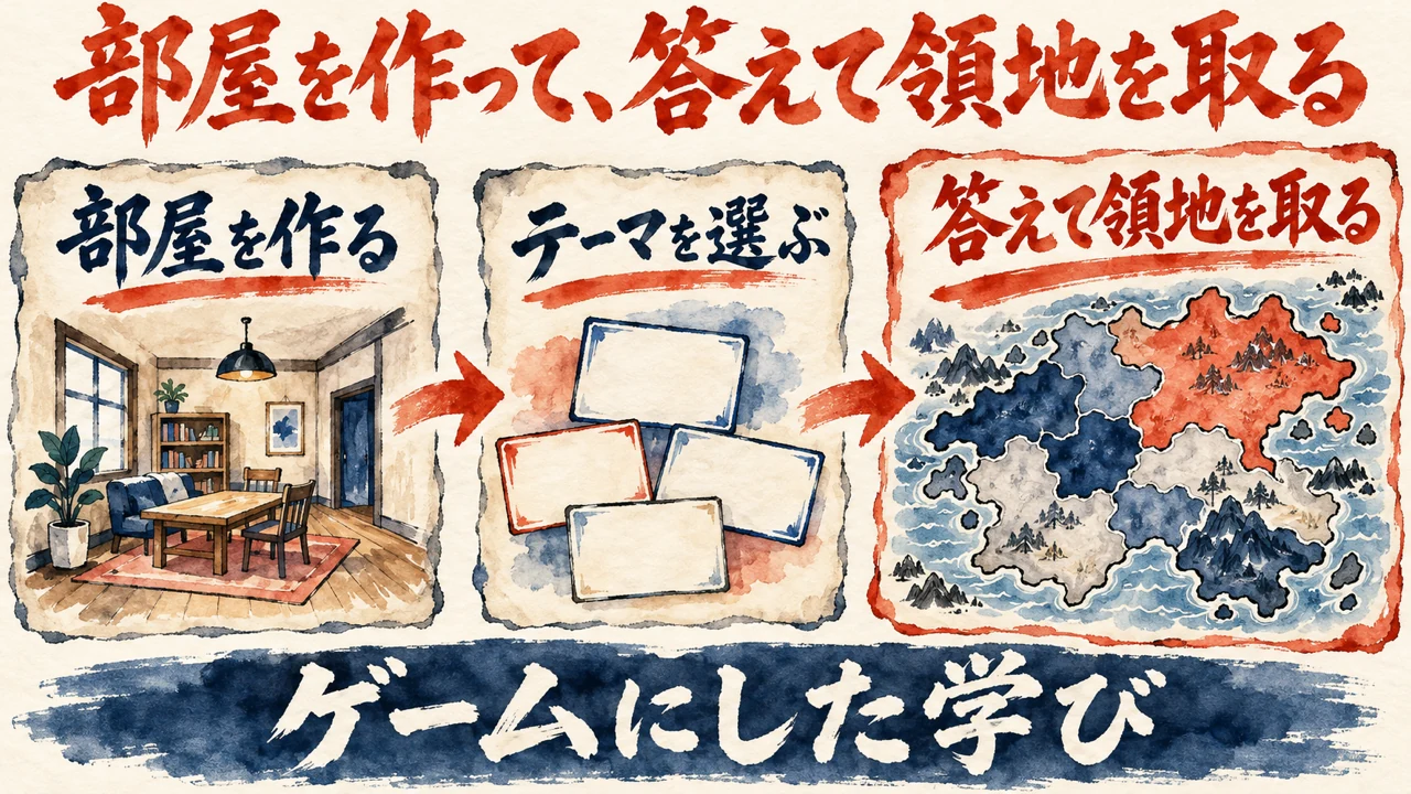 部屋を作る、テーマを選ぶ、答えて領地を取るの3つの流れを描いた和風水彩の図解
