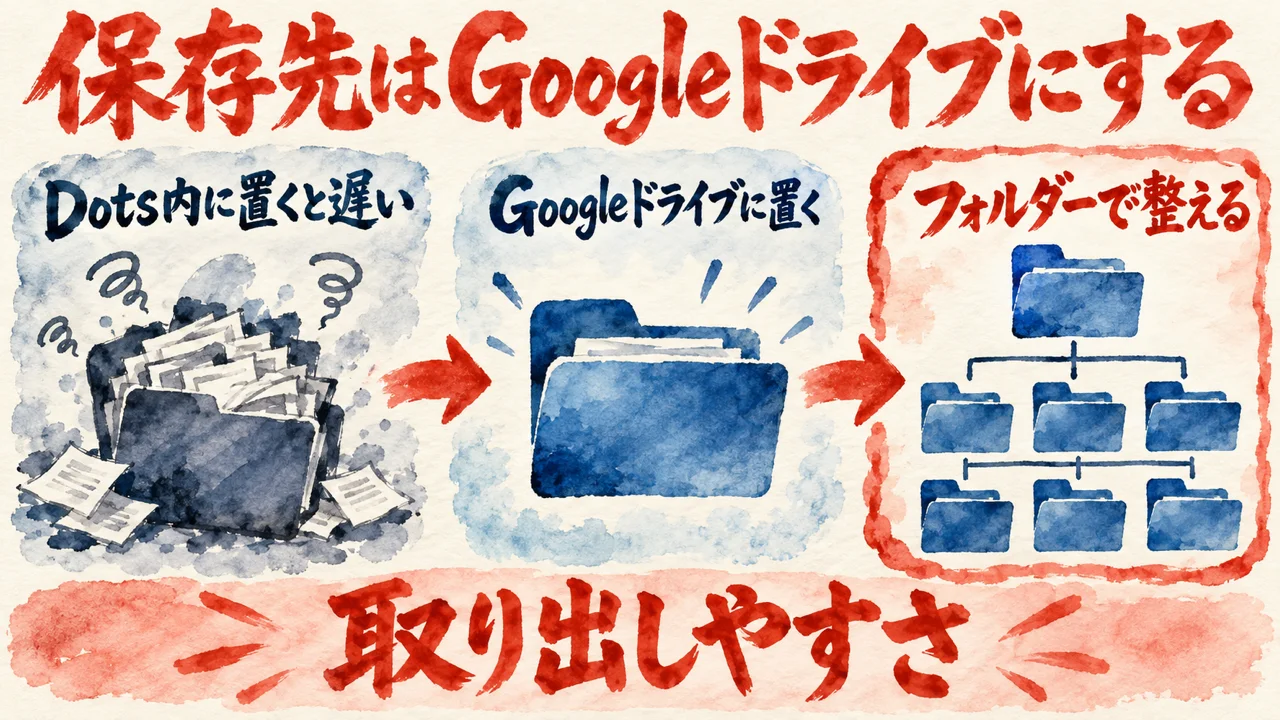図解。Dots内に置くと遅い、Googleドライブに置く、フォルダーで整える、の三つの札に、フォルダーの水彩画が描かれている。見出しは保存先はGoogleドライブにする
