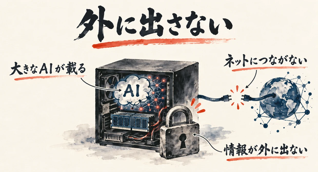 図解。大きなAIが載る、ネットにつながない、情報が外に出ない、の三つの札に、黒い箱と鍵の水彩画が描かれている。見出しは大きなAIがメモリ128GBに載り、ネットにつながずに動く