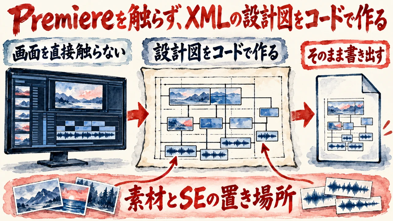 図解。画面を直接触らない、設計図をコードで作る、そのまま書き出す、の三つの札に、設計図の水彩画が描かれている。見出しはPremiereを触らず、XMLの設計図をコードで作る
