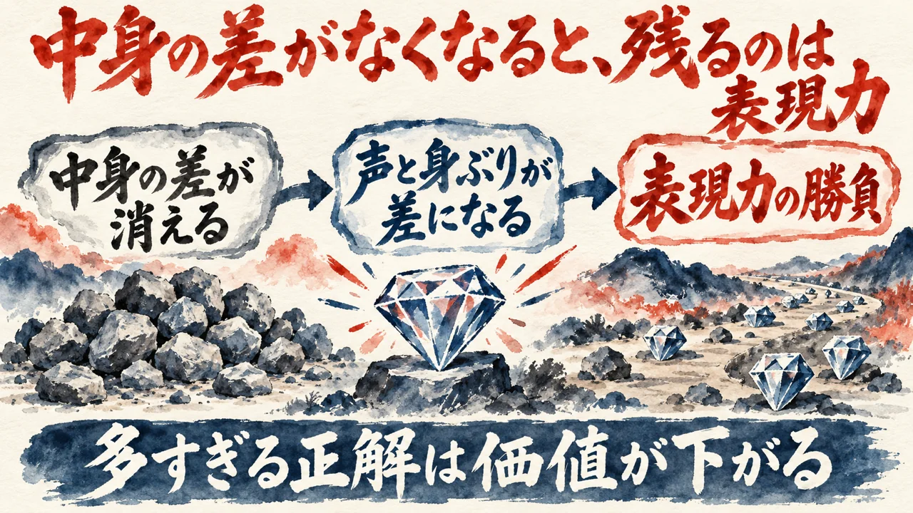 図解。中身の差が消える、声と身ぶりが差になる、表現力の勝負、の三つの札に、ダイヤモンドと道端の石の水彩画が描かれている。見出しはコンテンツの差がなくなると、残るのは表現力