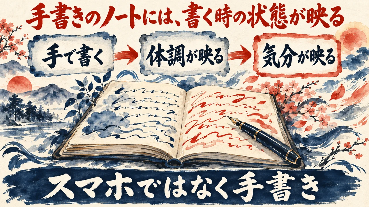 図解。手で書く、体調が映る、気分が映る、の札が矢印で並び、手書きのノートと万年筆の水彩画が添えられている。見出しは手書きのノートには書く時の状態が映る