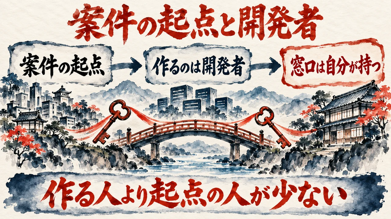 図解。案件の起点、作るのは開発者、窓口は自分が持つ、の三つの札が並び、作る人より案件の起点の人が少ないと示す