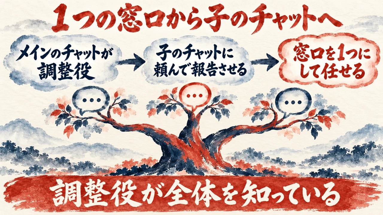 図解。メインのチャットが調整役、子のチャットに頼んで報告させる、窓口を1つにして任せる、の三つの札と、一本の木から三つの吹き出しが伸びる絵で、窓口を1つにして任せる流れを示す