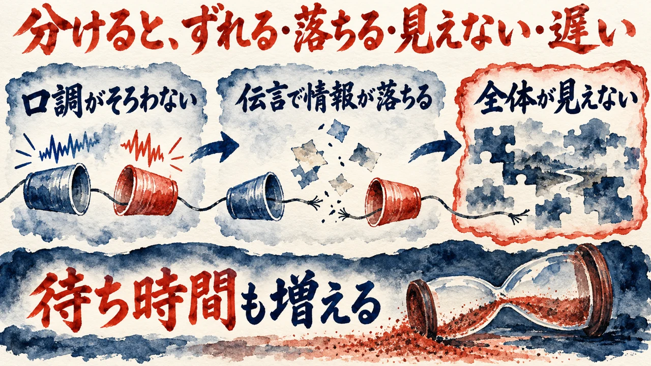 図解。口調がそろわない、伝言で情報が落ちる、全体が見えない、の三つと、待ち時間も増えることを、糸電話と欠けたパズルと砂時計で描いた水彩画