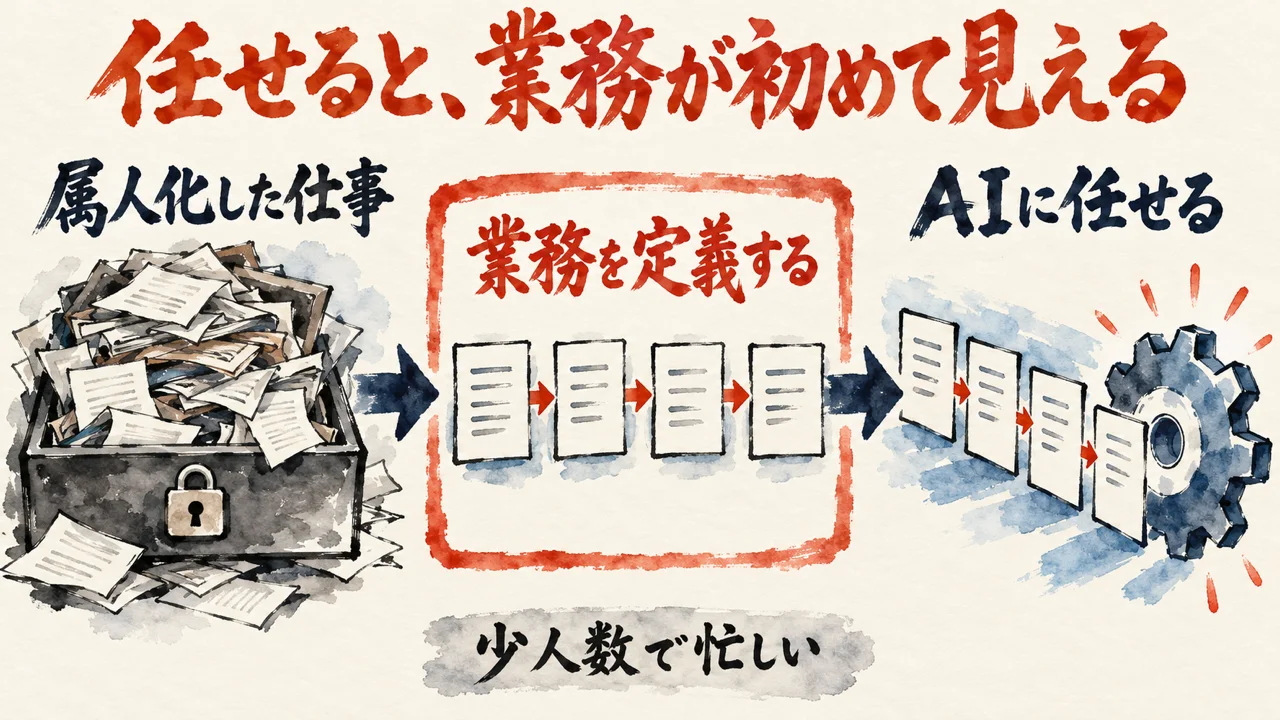 属人化した仕事の引き出しから、業務を定義し、AIに任せるまでの三枚の札を矢印でつないだ図解