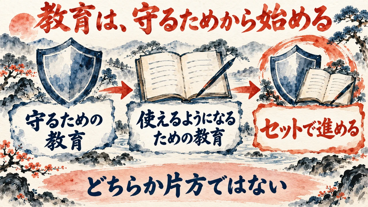 図解。守るための教育、使えるようになるための教育、セットで進める、の三つの札が矢印で並び、盾とノートの水彩画が添えられている。見出しは教育は守るためから始める