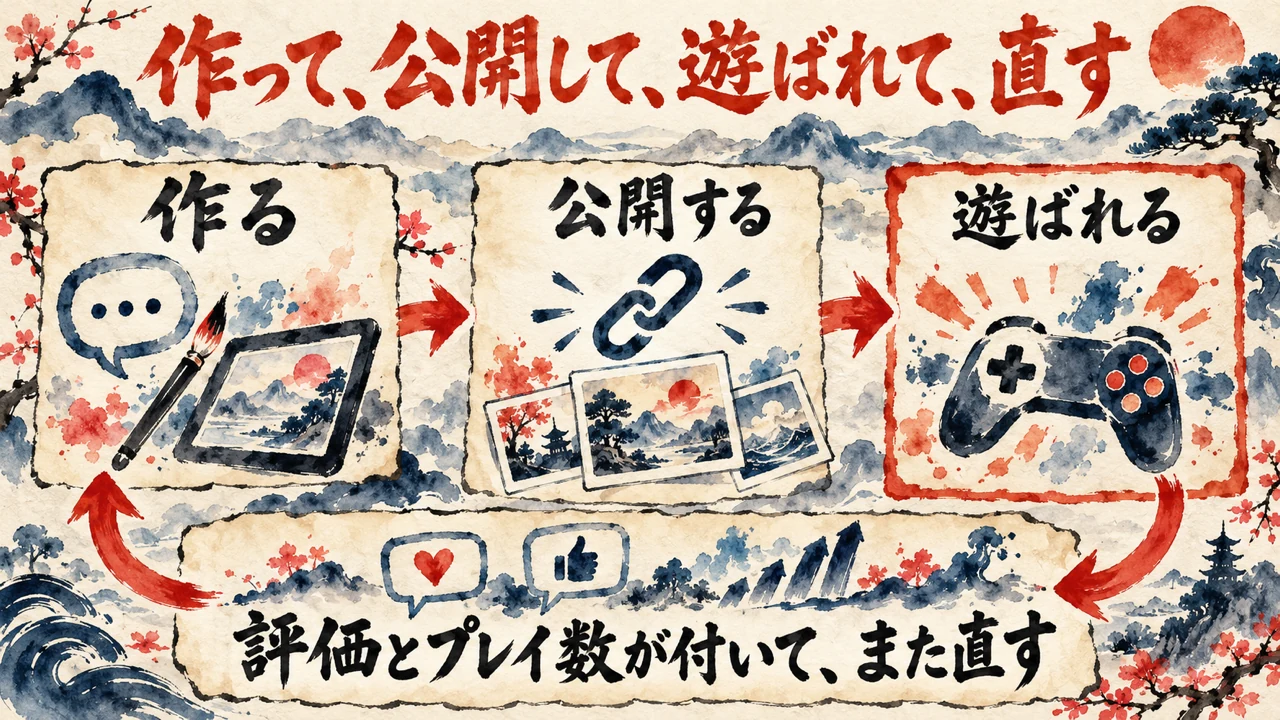 図解。作る、公開する、遊ばれる、の三つの札が矢印でつながり、評価とプレイ数が付いてまた直す、へ戻る輪。チャットの吹き出しとリンクと遊ぶ手元を描いた水彩画