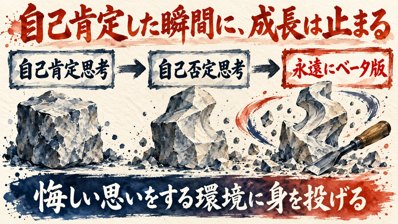 図解。自己肯定思考から自己否定思考へ、永遠にベータ版でいる流れを、石がのみで削られて形になる水彩画で描いた図