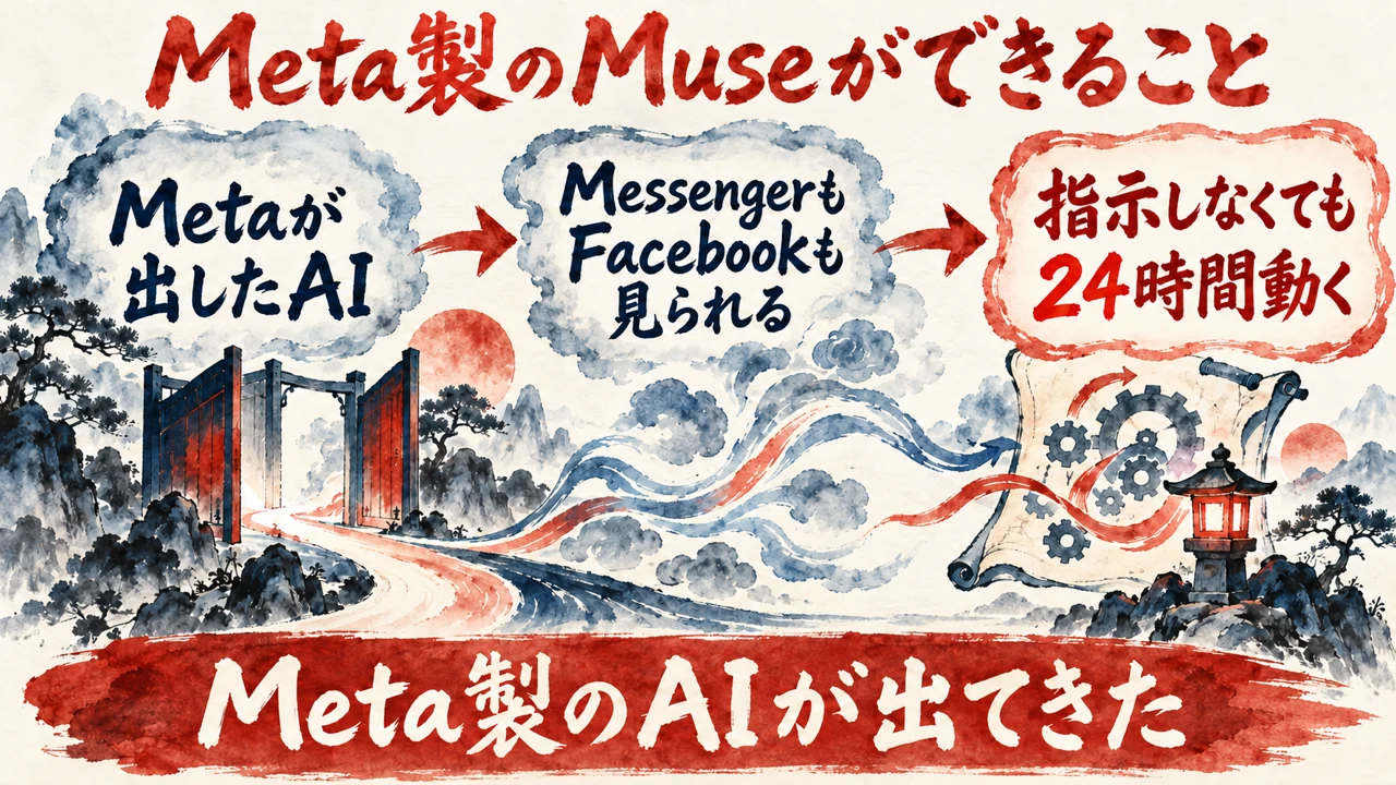 図解。Metaが出したAI、MessengerもFacebookも見られる、指示しなくても24時間動く、の三つの札で、Museの特長を示す
