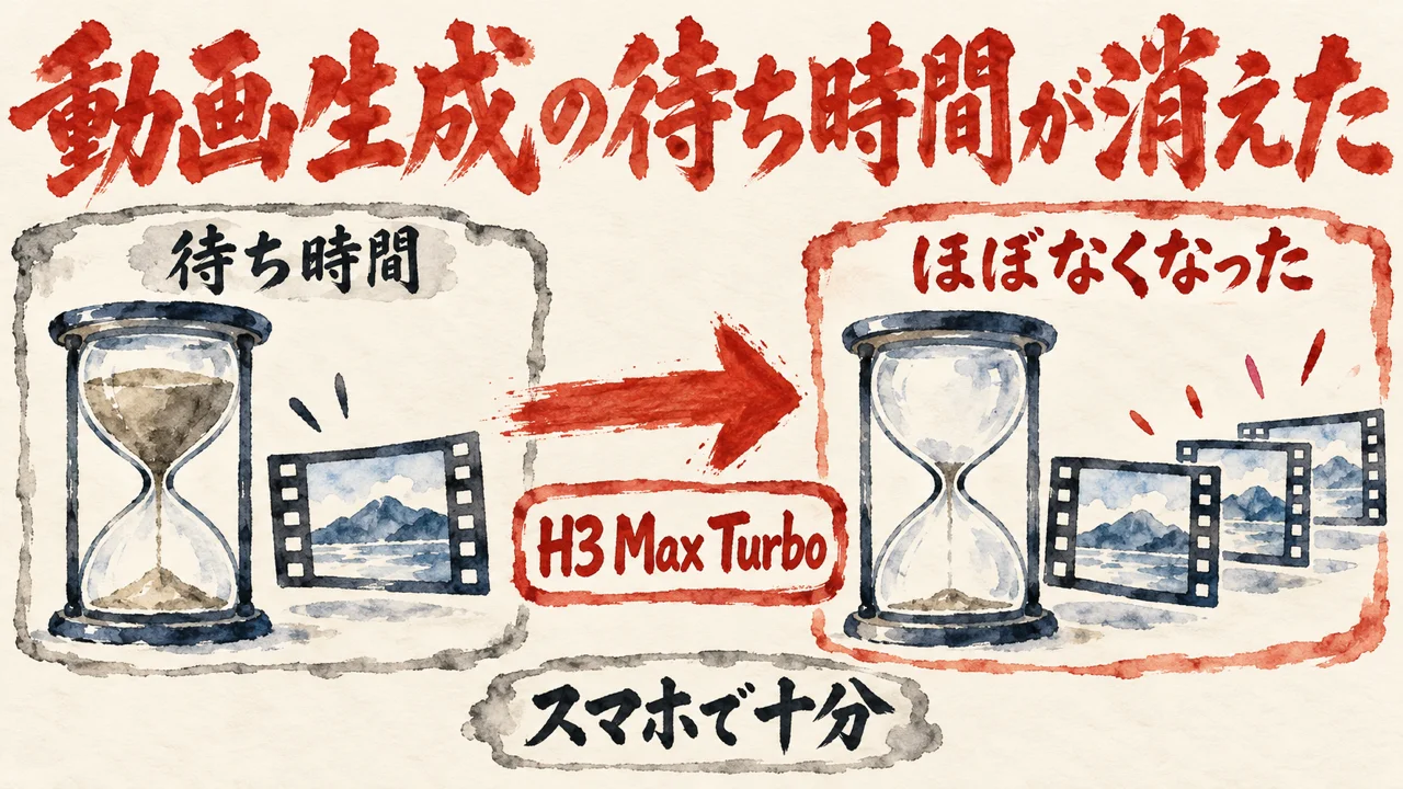 砂時計に砂が残る待ち時間の札から、H3 Max Turboを経て、砂時計が空になりフィルムが次々出る札へ進む図解