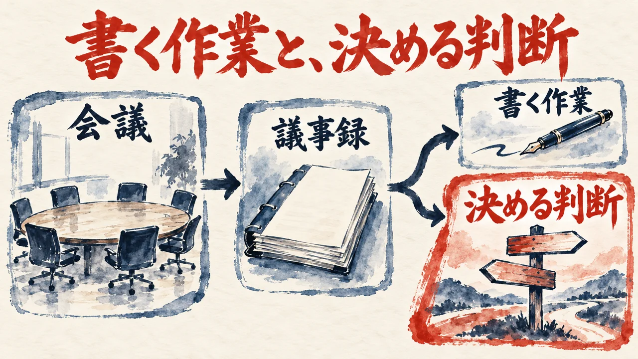 会議から議事録へ進み、右で、書く作業と、決める判断の二手に分かれる流れを描いた図解
