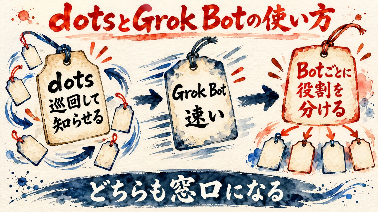 図解。dotsは巡回して知らせる、Grok Botは速くて役割を分ける、の二つの札を並べて比べた水彩画