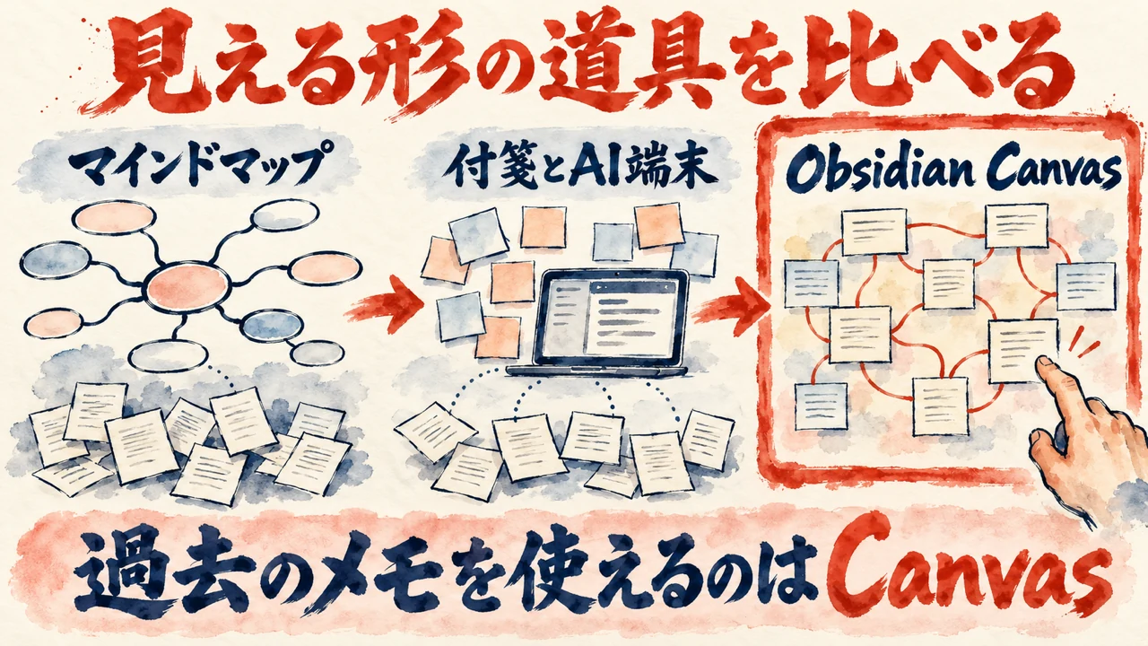 図解。マインドマップ、付箋とAI端末、Obsidian Canvasの三つを比べ、過去のメモを使えるCanvasに進む流れを描いた水彩画