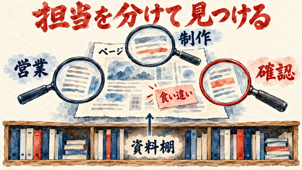 ページを営業、制作、確認の三つの虫眼鏡が見て、確認の虫眼鏡が食い違いを見つけ、下に資料棚がある図解