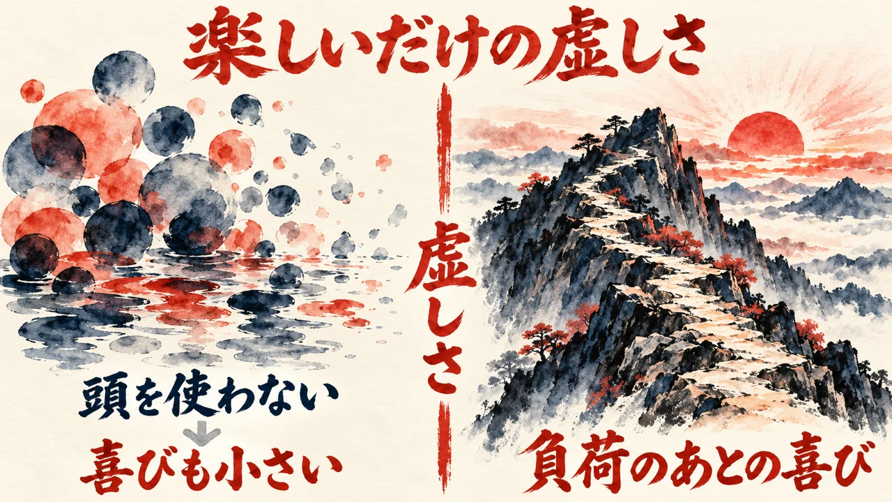 頭を使わない丸いかたまりの連鎖と、坂を登りきった先の朝日を左右に並べ、中央に虚しさの朱色の線を引いた図解