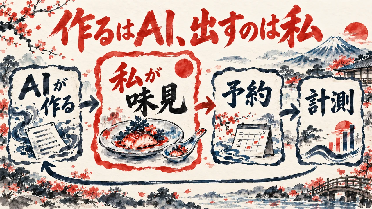 AIが作る、私が味見、予約、計測の流れで、味見だけを朱色の枠で強調した水彩の図解