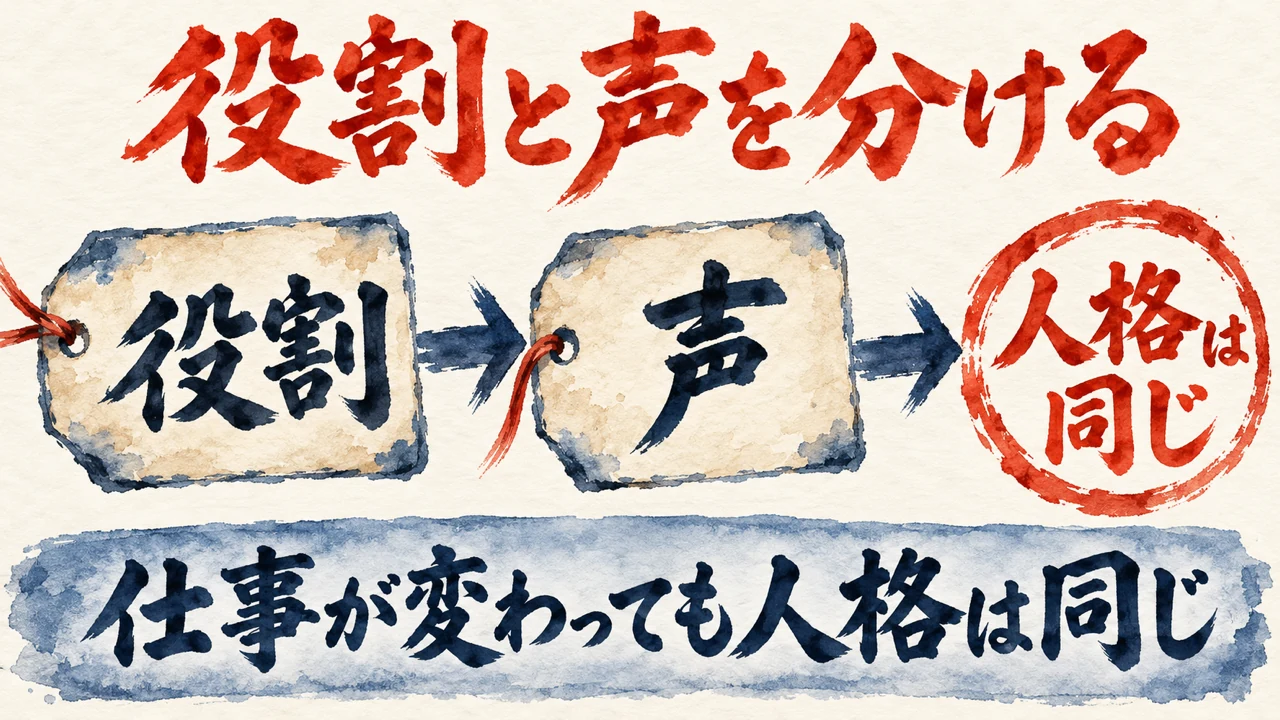 図解。役割と声を分けて持ち、仕事が変わっても人格は同じ流れを、水彩画で描いた図