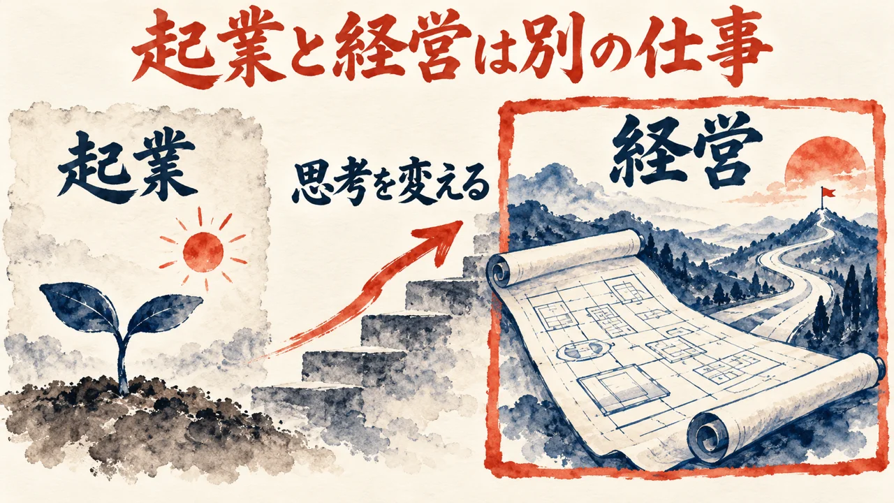 起業の小さな芽と、経営の設計図と長い道を左右に並べ、間に思考を変える段差を置いた図解