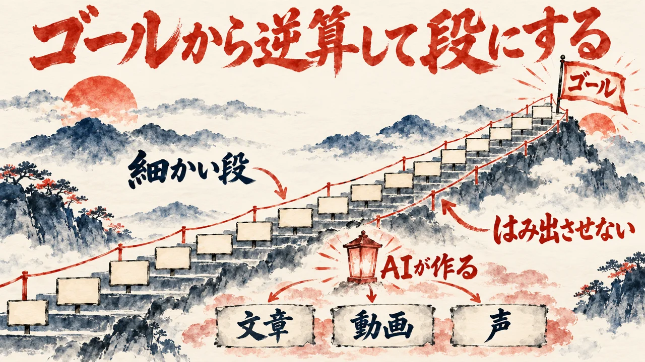 右上のゴールの旗へ向かう細かい段の階段に、はみ出させない手すりを付け、階段の下に文章と動画と声をAIが作ると示した図解