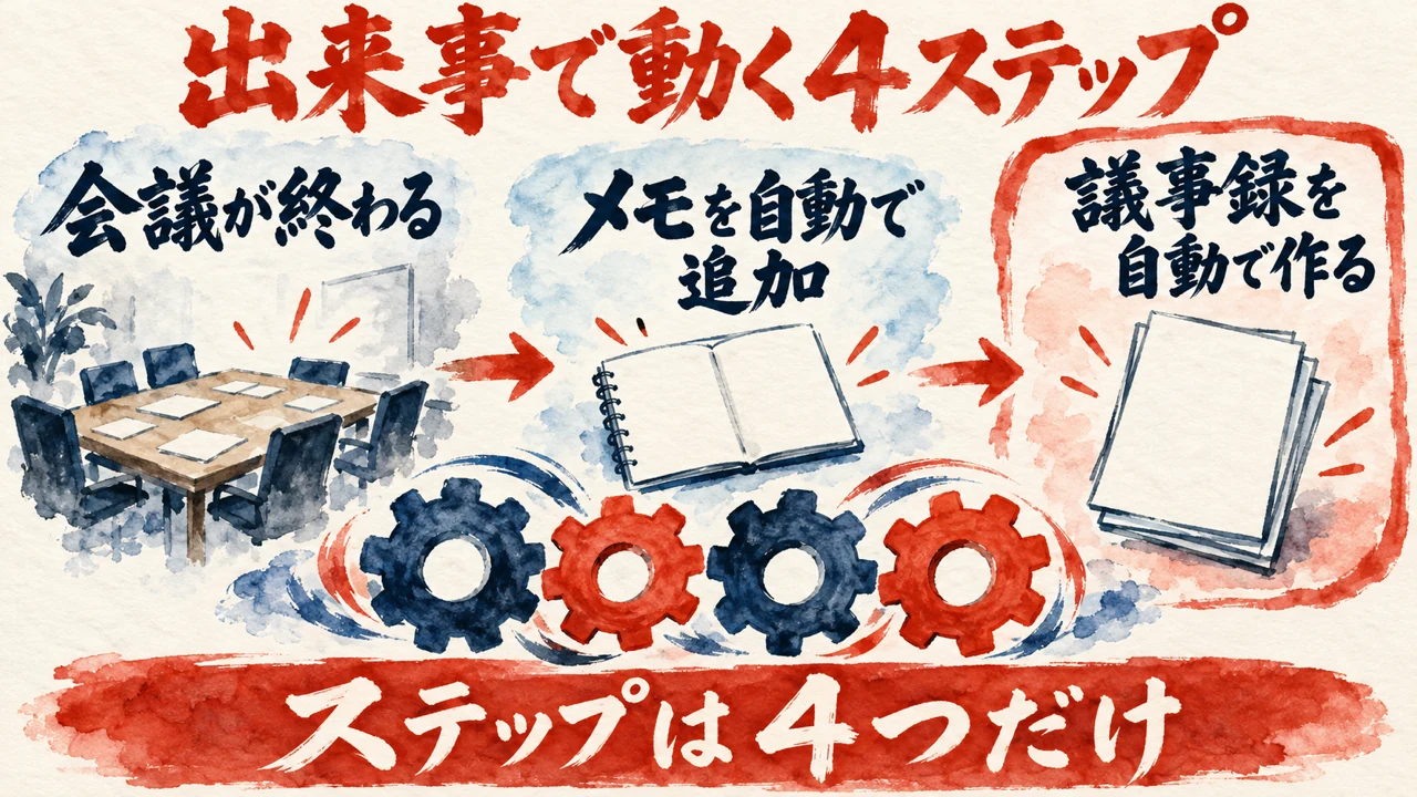 図解。会議が終わる、メモを自動で追加する、議事録を自動で作る、の三つの札で、4つのステップの流れを示す
