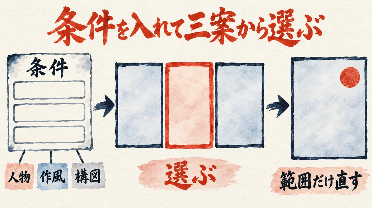 条件のカードと参考画像の役割の札から、三つの額縁の案を選び、範囲だけ直して仕上げる流れを描いた図解