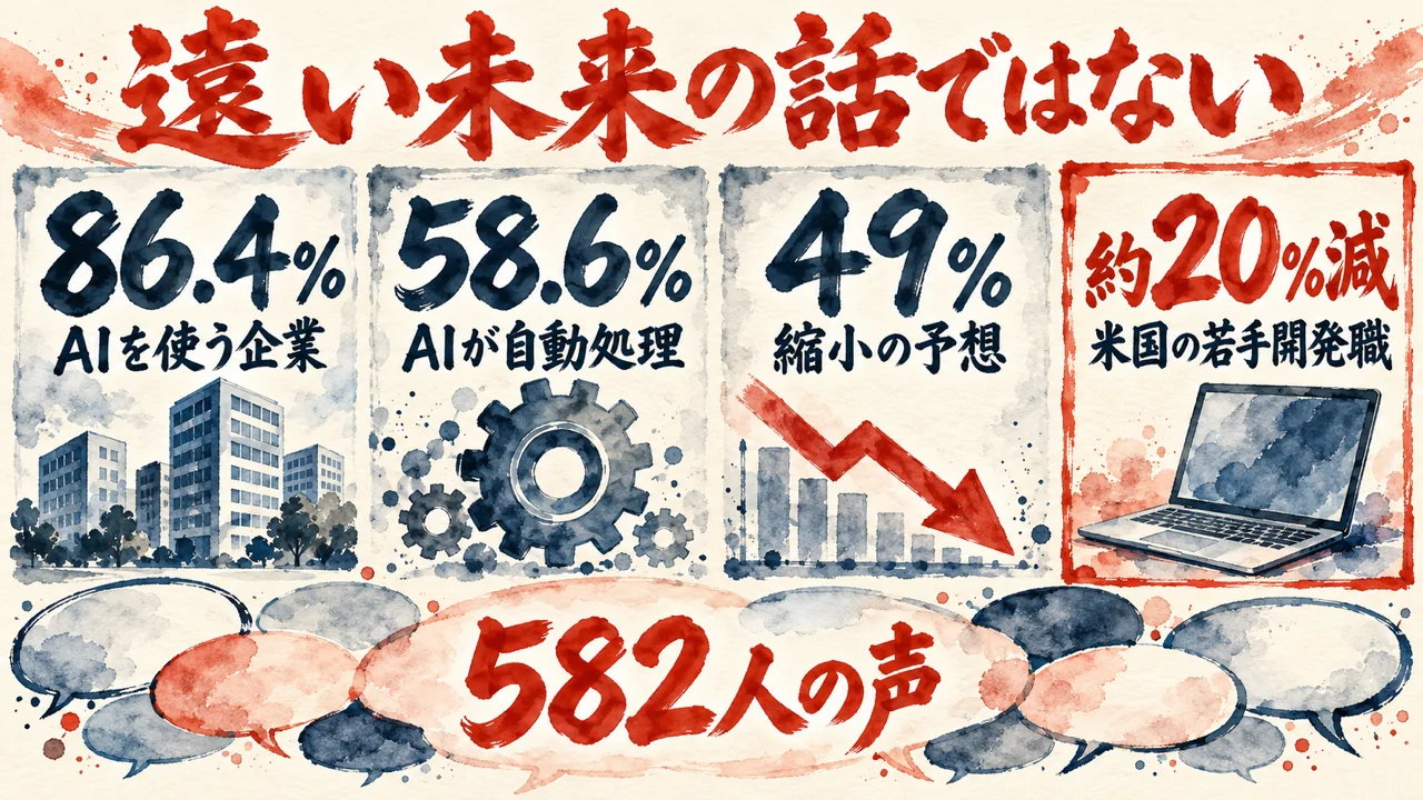 AIを使う企業86.4%、AIが自動処理58.6%、縮小の予想49%、米国の若手開発職の約20%減の四枚の札と、582人の声の吹き出しを並べた図解