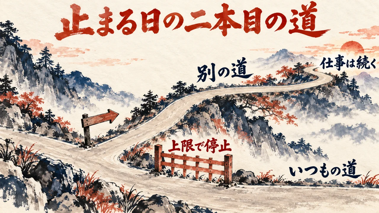 いつもの道が上限で止まっても、別の道が分かれて仕事は続く様子を、柵と二股の道で描いた水彩の図解