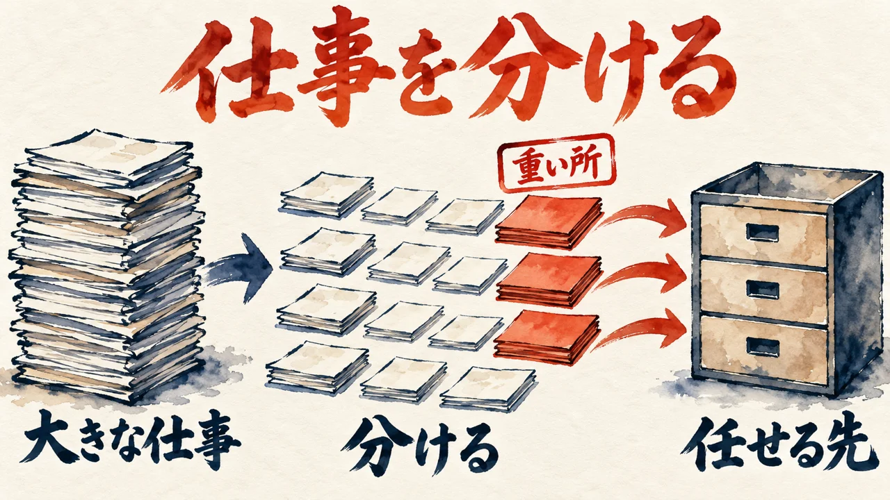 大きな書類の束を小さな札に分け、重い所の札だけを朱色にして、任せる先の箱へ矢印を伸ばした図解