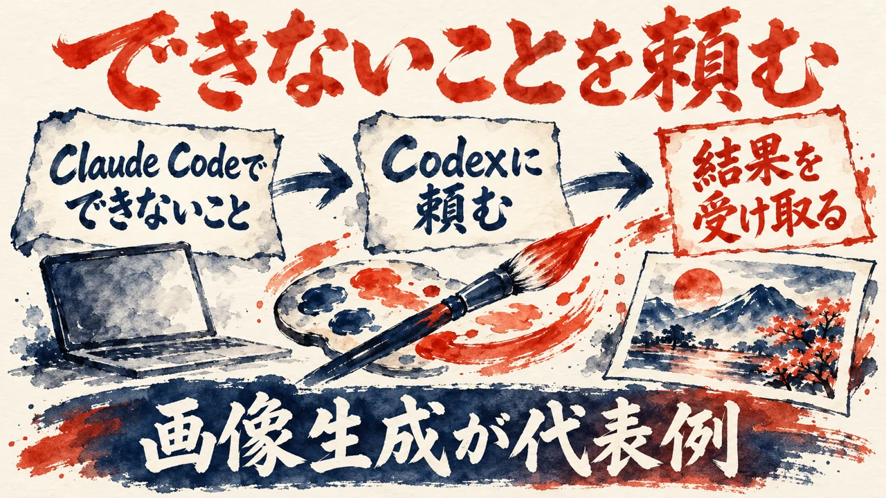 図解。Claude Codeでできないこと、Codexに頼む、結果を受け取るの三つの札で、できないことを頼む流れを示す