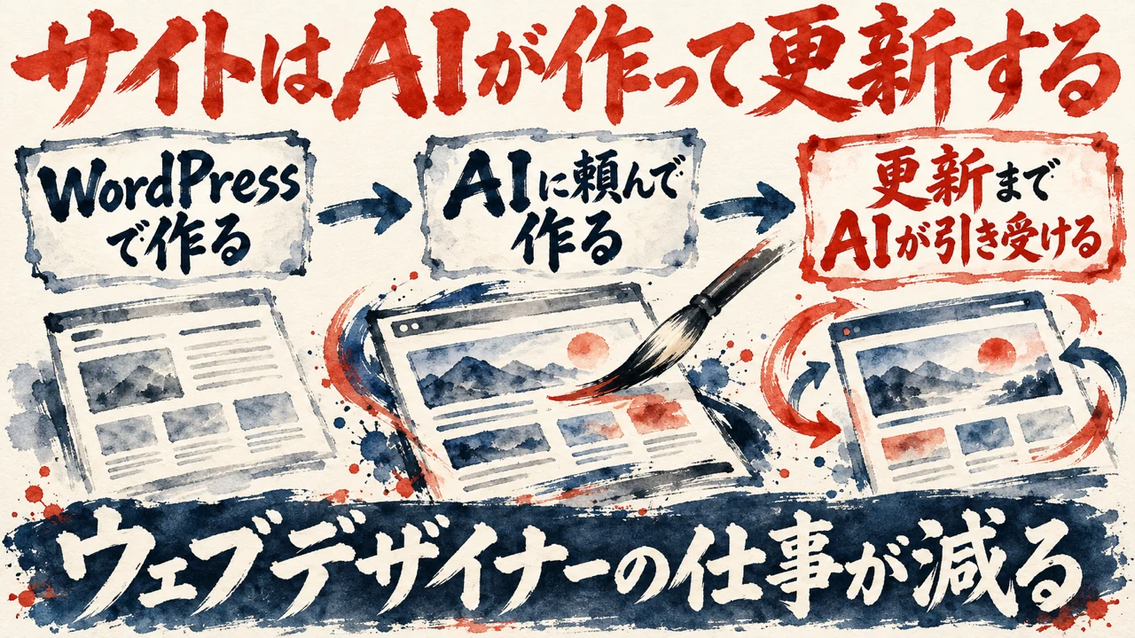 図解。WordPressで作る、AIに頼んで作る、更新までAIが引き受ける、の三つの札が矢印でつながり、下の帯にウェブデザイナーの仕事が減ると書かれている
