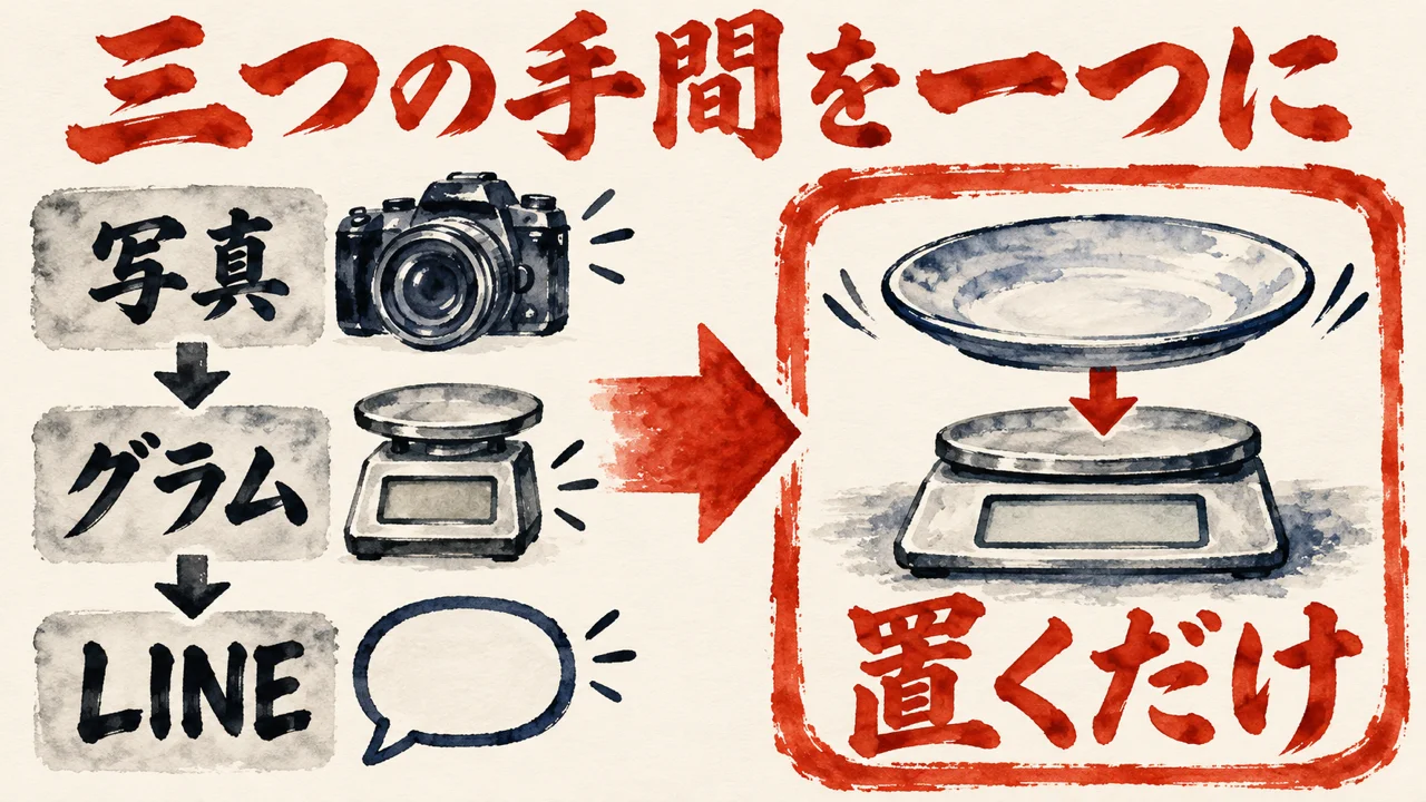 写真、グラム、LINEの三つの札を、はかりに皿を置くだけの一つの動作に置き換える対比を描いた図解