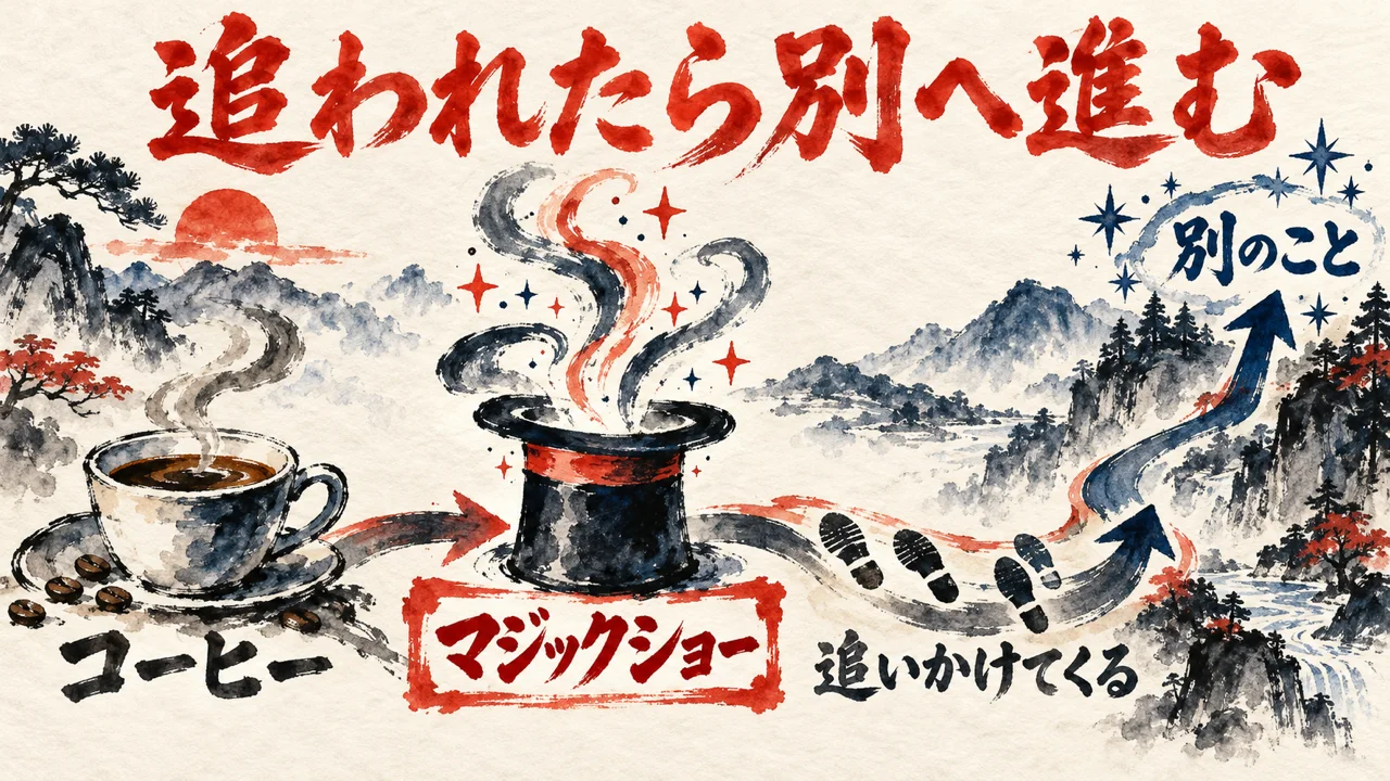 コーヒーからマジックショーへ変わり、追いかけてくる足跡の先で別のことへ進む流れを描いた図解