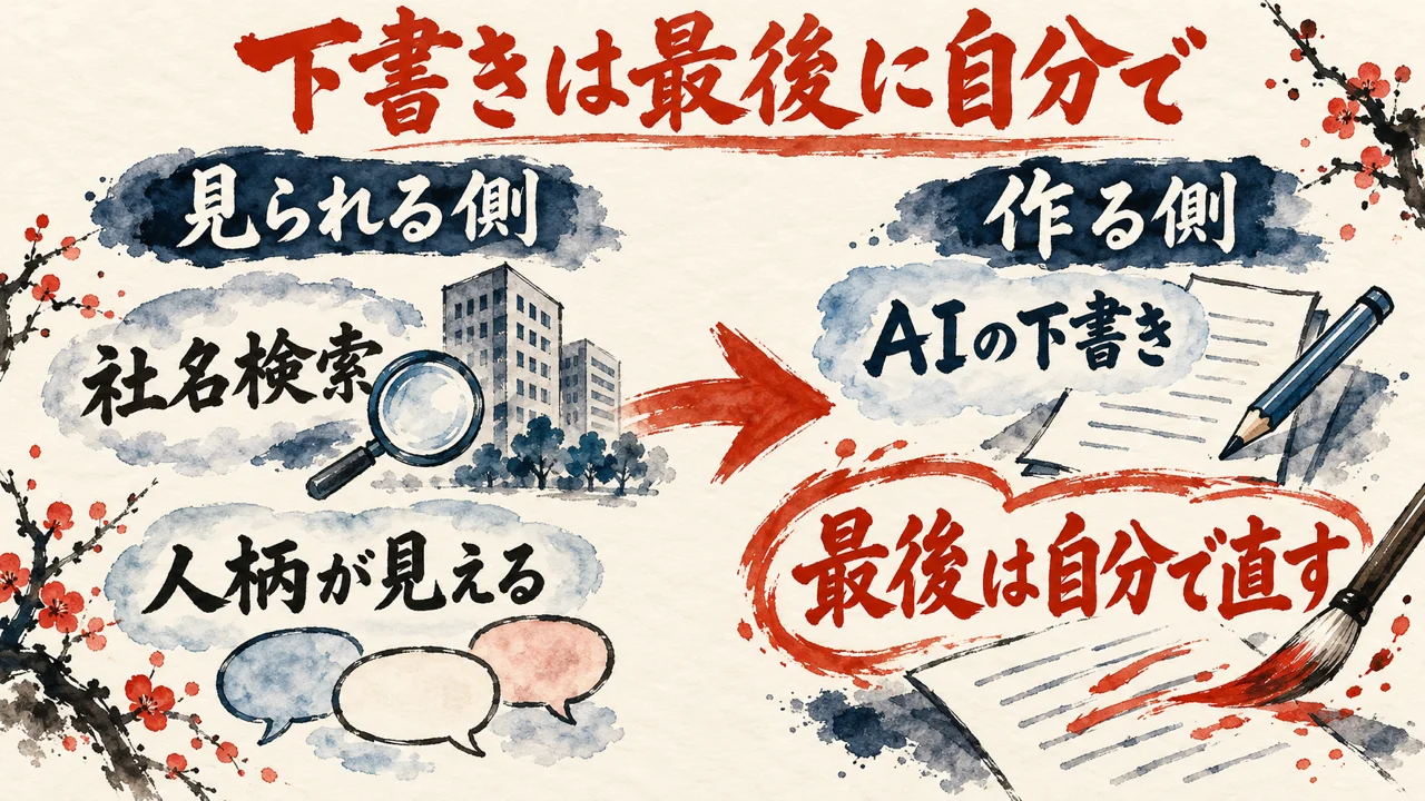 社名検索と人柄が見える、の見られる側から、AIの下書きと最後は自分で直す、の作る側へ矢印が向かう図解