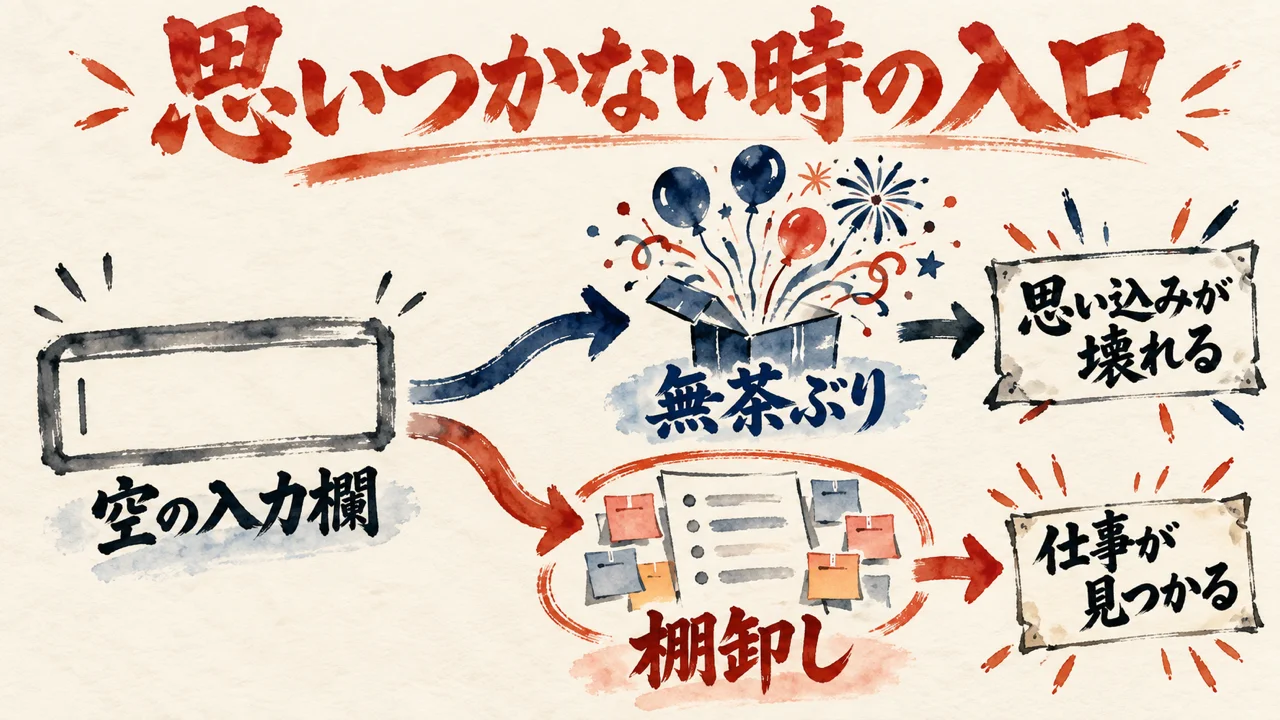 空の入力欄から、無茶ぶりと棚卸しの二つの入口に分かれ、思い込みが壊れる、仕事が見つかるへつながる図解