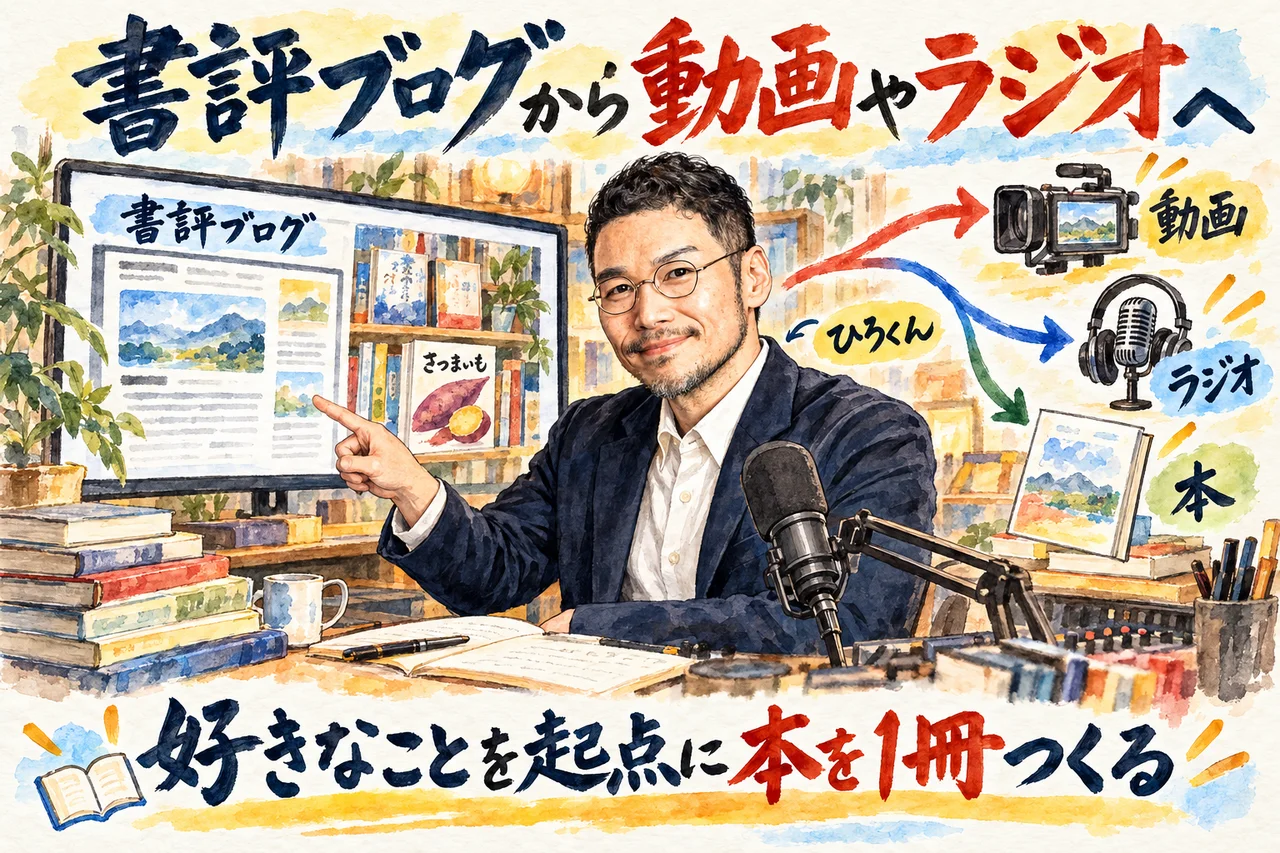書評ブログから動画やラジオ、本が出てくる仕組み｜好きなことを起点に本を1冊つくる流れをひろくんが説明する場面の図