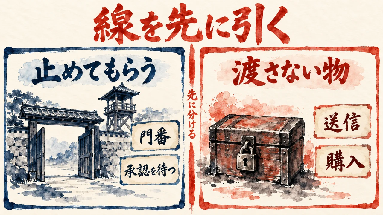 止めてもらう門番の箱と、渡さない物の鍵つきの箱を、中央の線で左右に分けた図解
