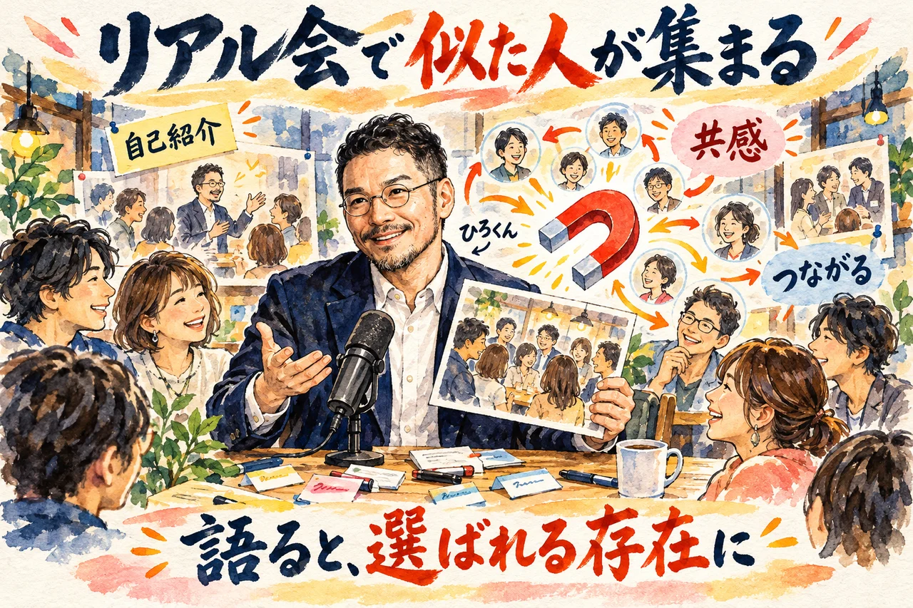 リアル会で似た人が集まる｜ひろくんがリアル会の写真を手に、語ると選ばれる存在になる体感を話した場面の図