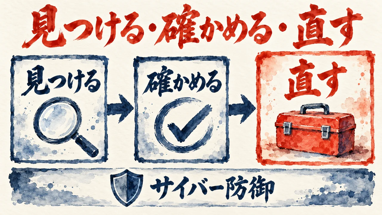 見つける、確かめる、直す、の3枚の札が矢印でつながり、下にサイバー防御の帯がある図解