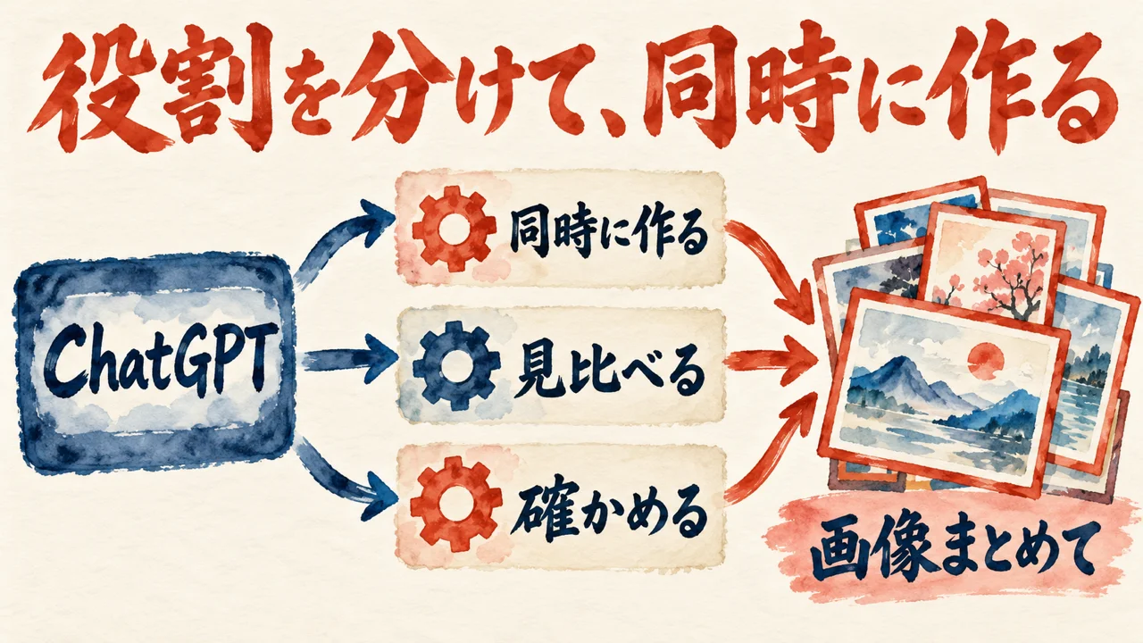 ChatGPTの箱から、同時に作る、見比べる、確かめるの三つの札に分かれ、画像まとめての束に集まる図解