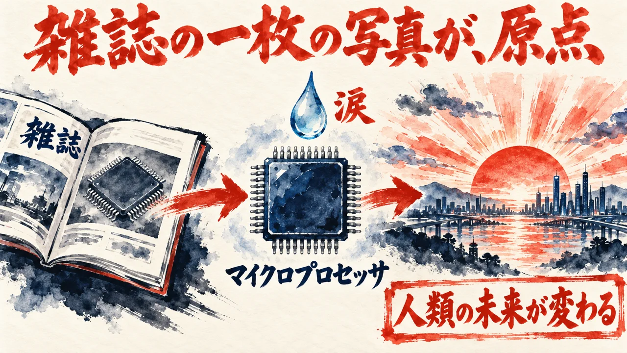 雑誌から、マイクロプロセッサのチップ、涙のしずく、人類の未来が変わる朝日へ進む図解