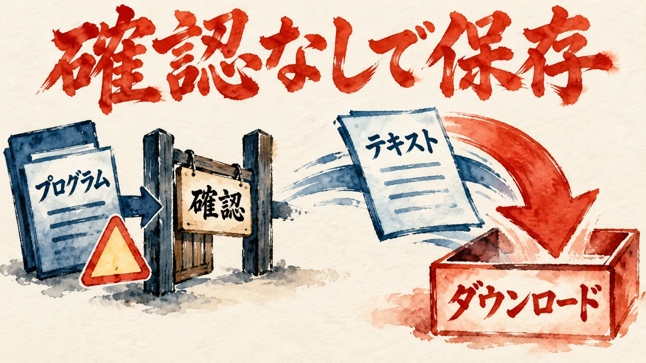 プログラムの書類は確認の門で止まり、テキストの書類は門を素通りしてダウンロードの箱へ落ちる図解
